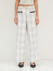 Tweed Mid Rise Check Pocket Wide Leg Trousers
