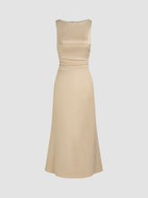 Satin Boat Neck Backless Ruched Maxi Dress