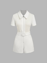 Collar Zip Through Patched Romper With Belt