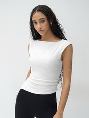 CIDERCONTOUR Double Layered Boat Neck Asymmetrical Ruched Tank Top