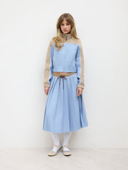 Mid Rise Knotted Contrasting Binding Pleated Midi Skirt