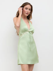 Satin Halter Neckline Lace Trim Mini Dress