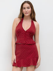 Halter Neckline Polka Dot Pleated Crop Top