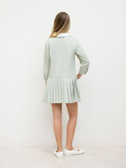 V-neck Pleated Three-quarter Sleeve Mini Dress