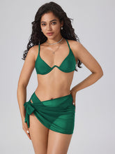 3Pcs Underwire Solid Bikini Set With Mesh Sarong
