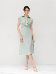 Cotton-blend Collar Striped Split Midi Shirt Dress