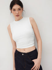 2 Pack Round Neck Solid Ruched Crop Tank Top