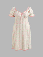 Square Neck Strawberry Graphic Contrasting Lace Trim Midi Dress Curve & Plus