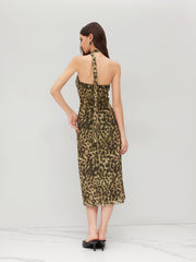 Mesh Leopard Ruched Bandeau Maxi Dress With Scarf