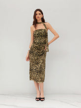 Mesh Leopard Ruched Bandeau Maxi Dress With Scarf