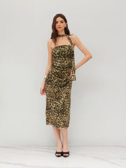 Mesh Leopard Ruched Bandeau Maxi Dress With Scarf