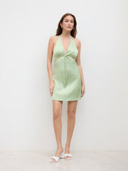 Satin Halter Neckline Lace Trim Mini Dress