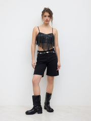 Faux Leather Fringe Crop Cami Top