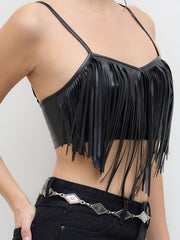 Faux Leather Fringe Crop Cami Top