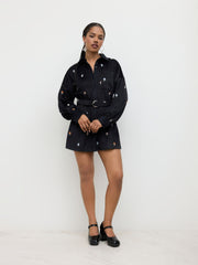 Corduroy Shirt Floral Embroidery Belted Mini Dress