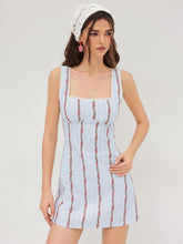 Cotton Square Neck Floral Stripe Embroidery Mini Dress