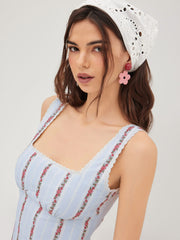 Cotton Square Neck Floral Stripe Embroidery Mini Dress