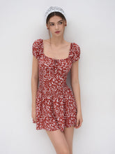 Square Neck Floral Knotted Shirred Ruffle Mini Dress