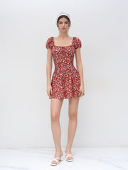 Square Neck Floral Knotted Shirred Ruffle Mini Dress