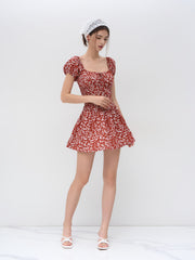 Square Neck Floral Knotted Shirred Ruffle Mini Dress