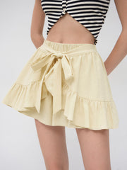 100% Cotton Mid Rise Elastic Waist Knotted Ruffle Shorts