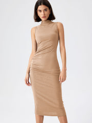 High Neck Ruched Midi Dress