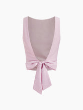 Linen-blend Boat Neck Solid Knotted Backless Tank Top