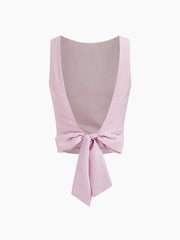 Linen-blend Boat Neck Solid Knotted Backless Tank Top