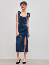Velvet Sweetheart Neckline Split Ruched Knotted Maxi Dress