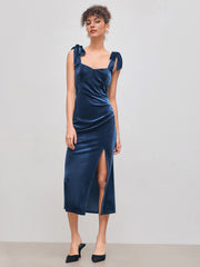 Velvet Sweetheart Neckline Split Ruched Knotted Maxi Dress