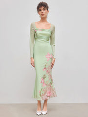 Mesh Square Neckline Floral Knotted Backless Midi Dress