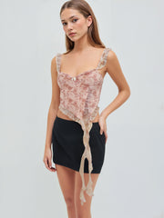 Chiffon Sweetheart Neckline Abstract Floral Ruffle Crop Top