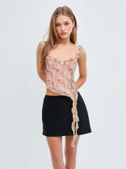 Chiffon Sweetheart Neckline Abstract Floral Ruffle Crop Top