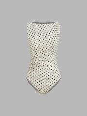 Boat Neck Polka Dot Ruched Bodysuit & Mid Rise Pocket Trousers With Belt