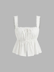 100% Cotton Broderie Anglaise Tie Front Bow Top & Voluminous 100%Cotton Mid Rise Knotted Ruffle Midi Skirt