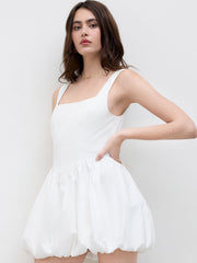 Cotton U-neckline Lace Up Tie Back Bubble Hem Mini Dress