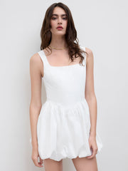 Cotton U-neckline Lace Up Tie Back Bubble Hem Mini Dress
