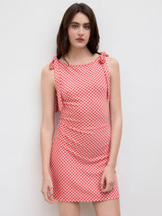 Boat Neck Gingham Bowknot Mini Dress