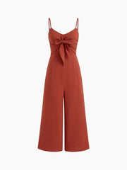 100% Cotton Bowknot Shirred Cropped Wide Leg Jumpsuit