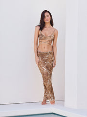 U-neckline Leopard Tie Back Bracelet Bikini Set With Sarong
