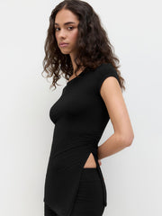 CDR Cotton-blend Asymmetrical Hem Ruched Split Top & Mid Rise Micro Shorts Set