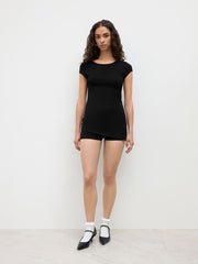 CDR Cotton-blend Asymmetrical Hem Ruched Split Top & Mid Rise Micro Shorts Set