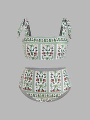 Square Neck Floral Knotted Bracelet Full Coverage Bikini Swimsuit With Sarong Curve & Plus