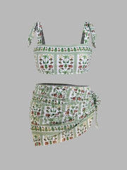 Square Neck Floral Knotted Bracelet Full Coverage Bikini Swimsuit With Sarong Curve & Plus
