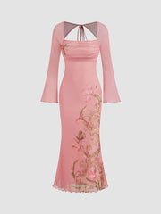Mesh Square Neckline Floral Knotted Backless Midi Dress