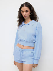 CDR Cotton-blend Collar Half Zip Crop Top & Low Rise Drawstring Micro Shorts Set