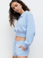 CDR Cotton-blend Collar Half Zip Crop Top & Low Rise Drawstring Micro Shorts Set