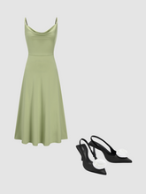 Cowl Neck Solid Ruched Maxi Dress & ROSE SATIN SLINGBACK HEELS