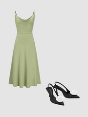 Cowl Neck Solid Ruched Maxi Dress & ROSE SATIN SLINGBACK HEELS