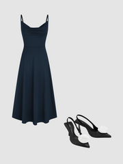 Cowl Neck Solid Ruched Maxi Dress & ROSE SATIN SLINGBACK HEELS